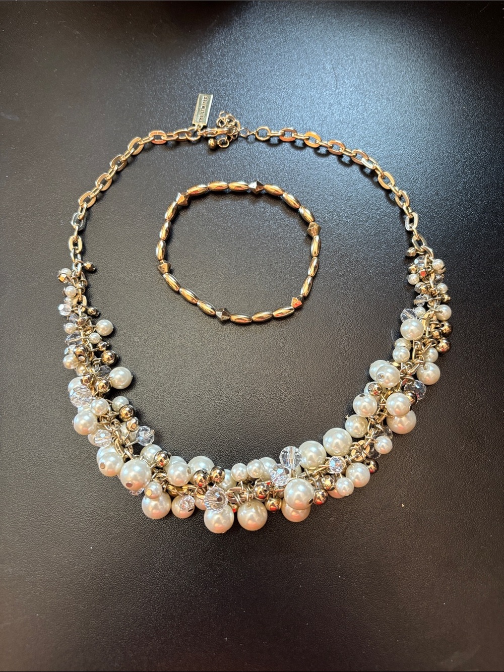 The Limited Gold-Tone Pearl & Crystal Cluster Necklace with Matching Bracelet
